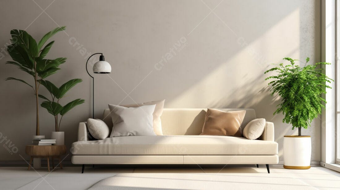 Sofá bege em sala minimalista com plantas