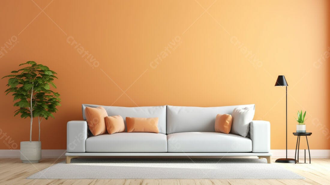 Sofá cinza em sala com parede laranja