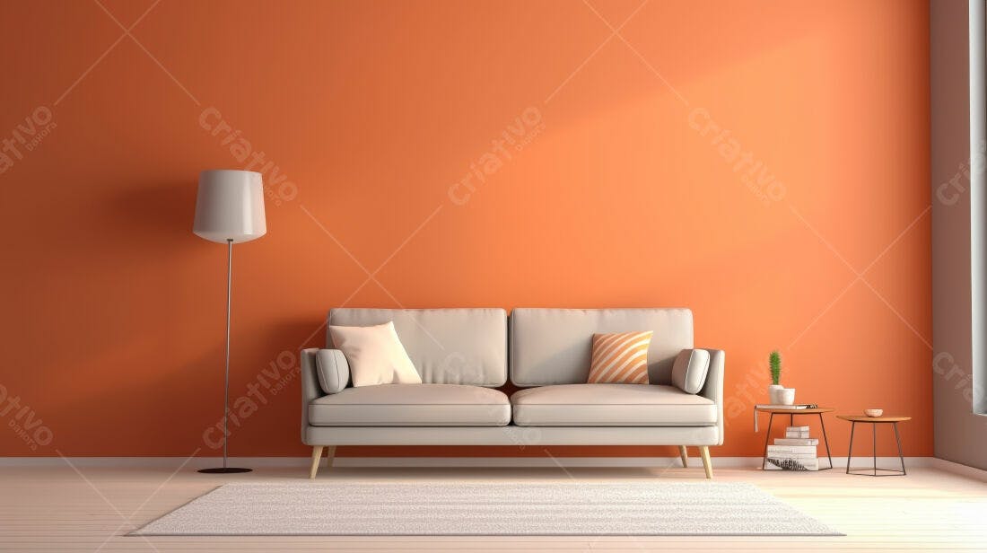 Sofá cinza em sala com parede laranja