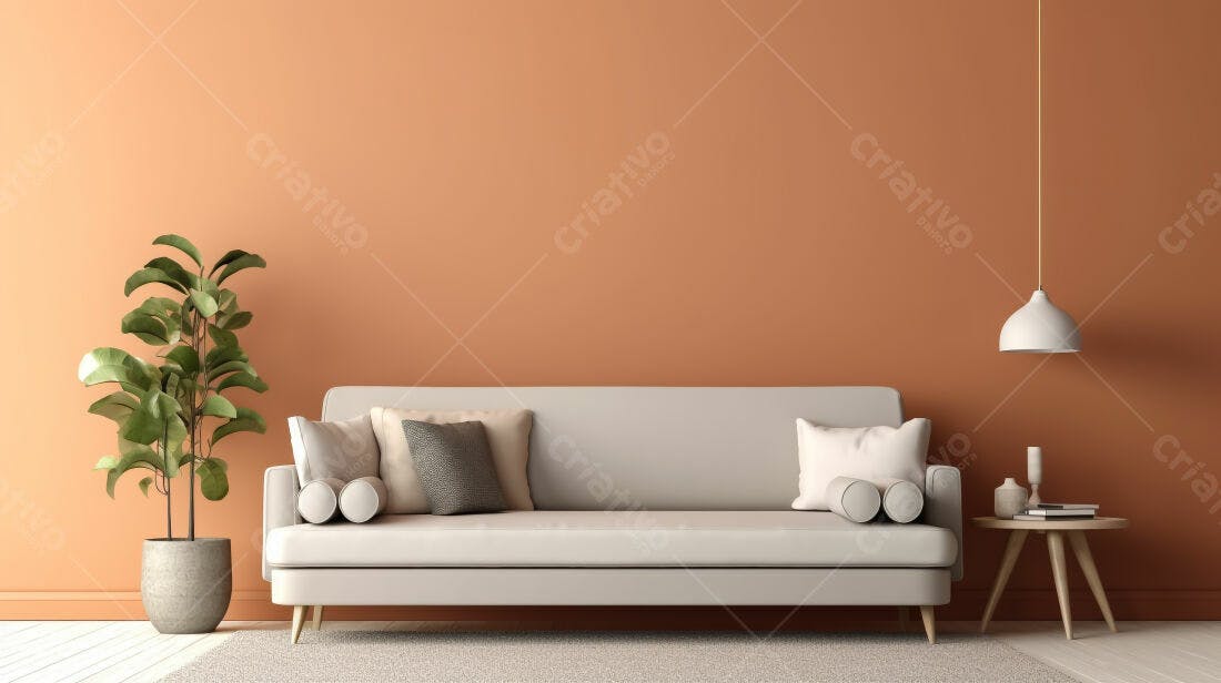 Sofá bege em sala com parede laranja