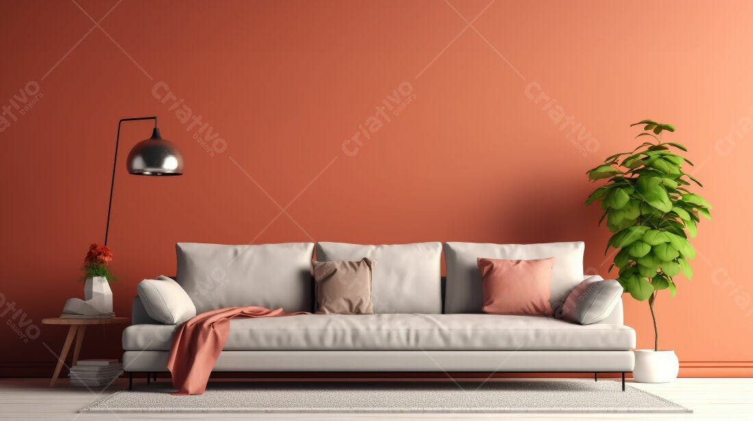 Sofá branco em sala com parede terracota