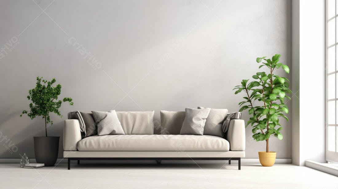 Sofá bege em sala minimalista com plantas