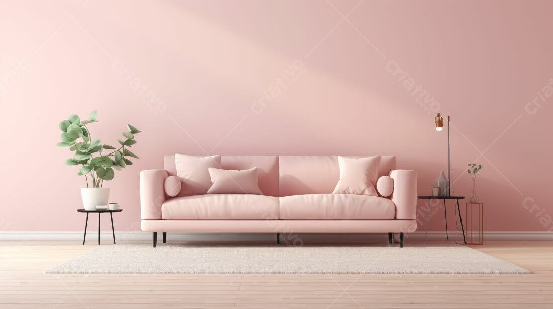 Sofá rosa em sala de estar minimalista