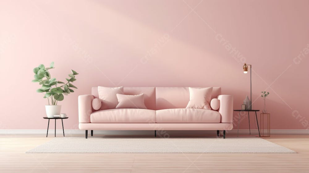  interior moderno da sala de estar com sofá e parede rosa claro