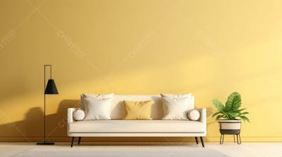  interior moderno da sala de estar com sofá e parede amarela clara
