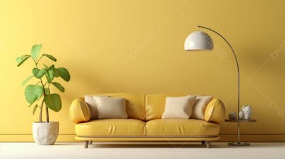  interior moderno da sala de estar com sofá e parede amarela clara