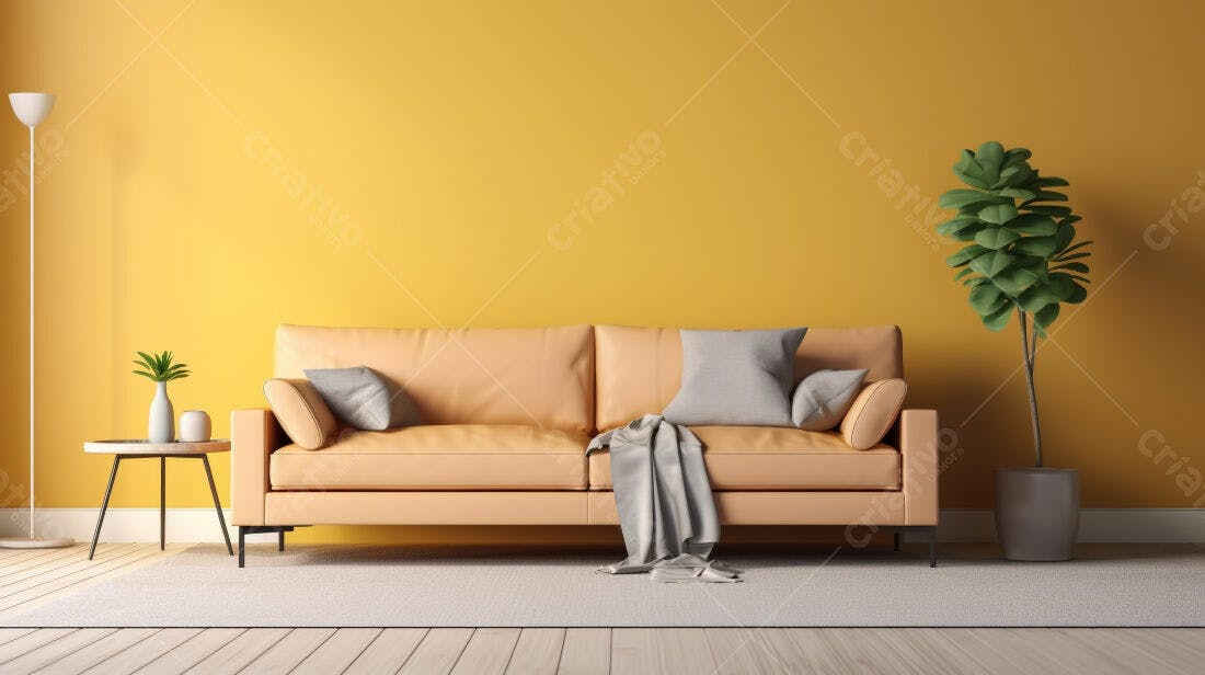 Sofá bege em sala com parede amarela