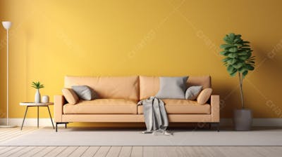  interior moderno da sala de estar com sofá e parede amarela clara