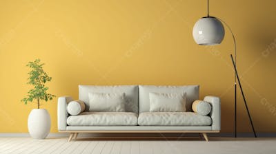  interior moderno da sala de estar com sofá e parede amarela clara