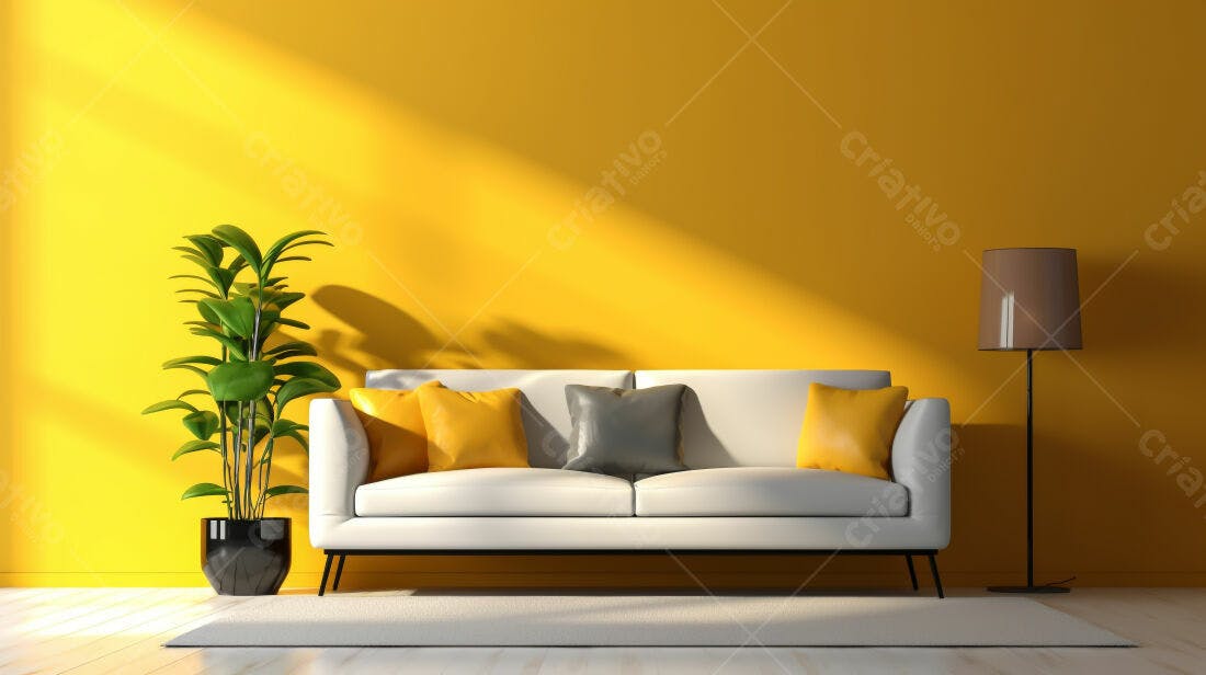 Sofá branco em sala amarela com planta e abajur