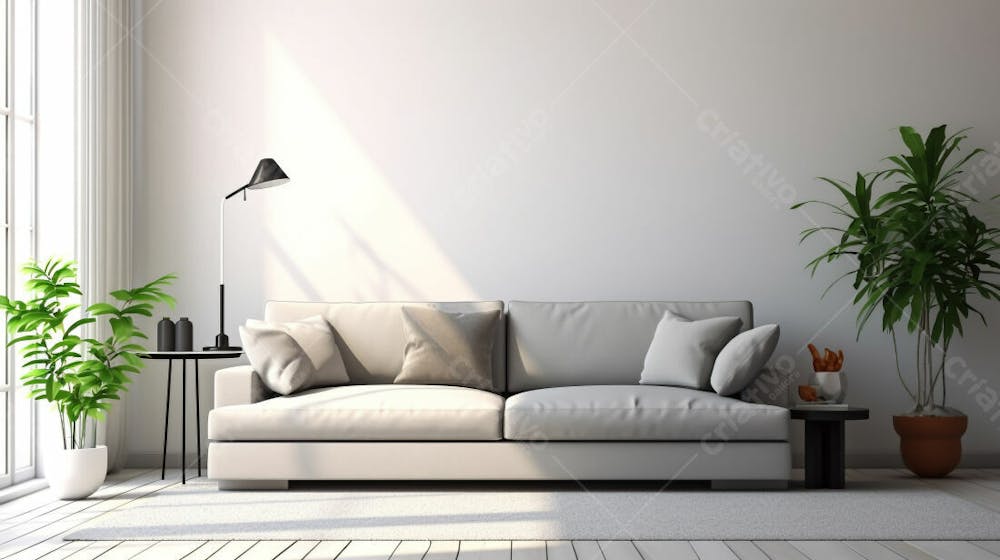 interior moderno da sala de estar com sofá e parede cinza