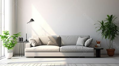 interior moderno da sala de estar com sofá e parede cinza
