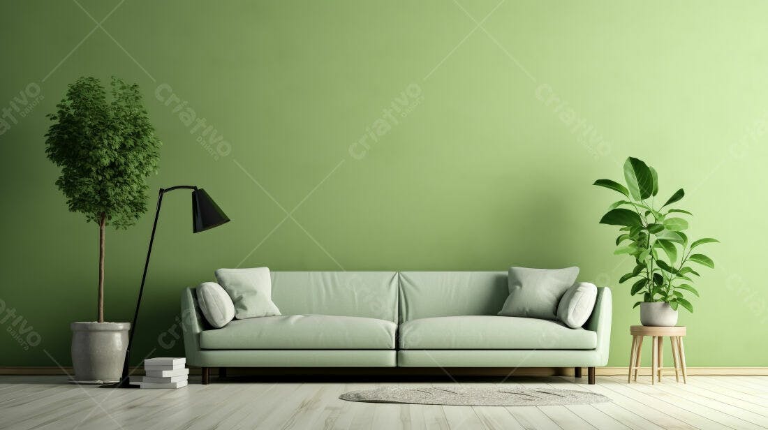 Sala de estar verde com sofá e plantas