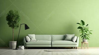 interior moderno da sala de estar com sofá e parede verde clara