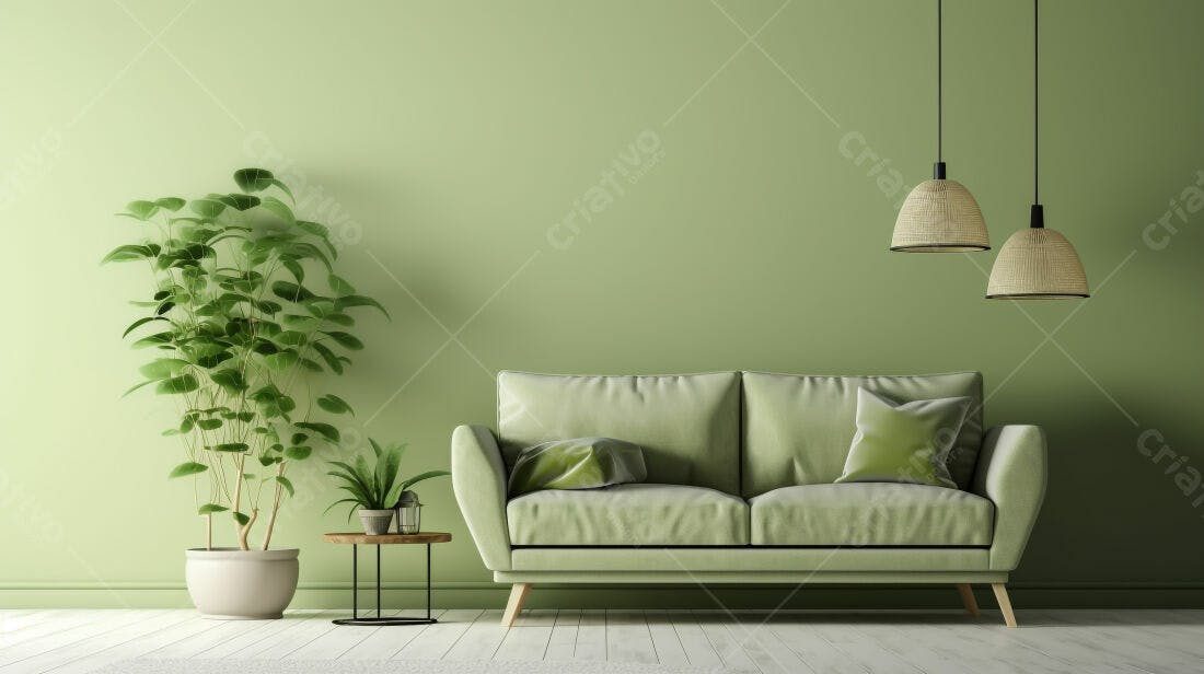 Sofá verde em sala com plantas e luminárias