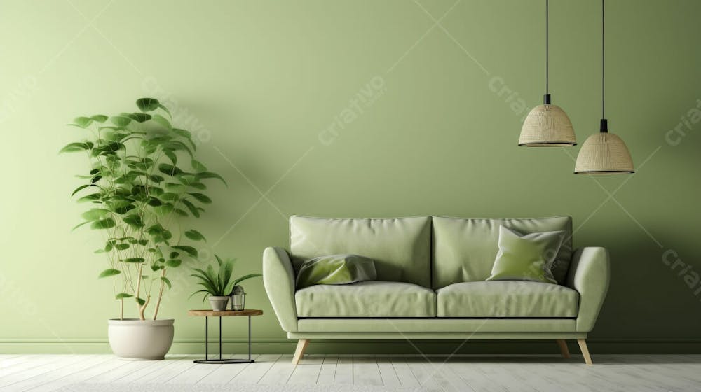 interior moderno da sala de estar com sofá e parede verde clara