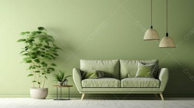 interior moderno da sala de estar com sofá e parede verde clara