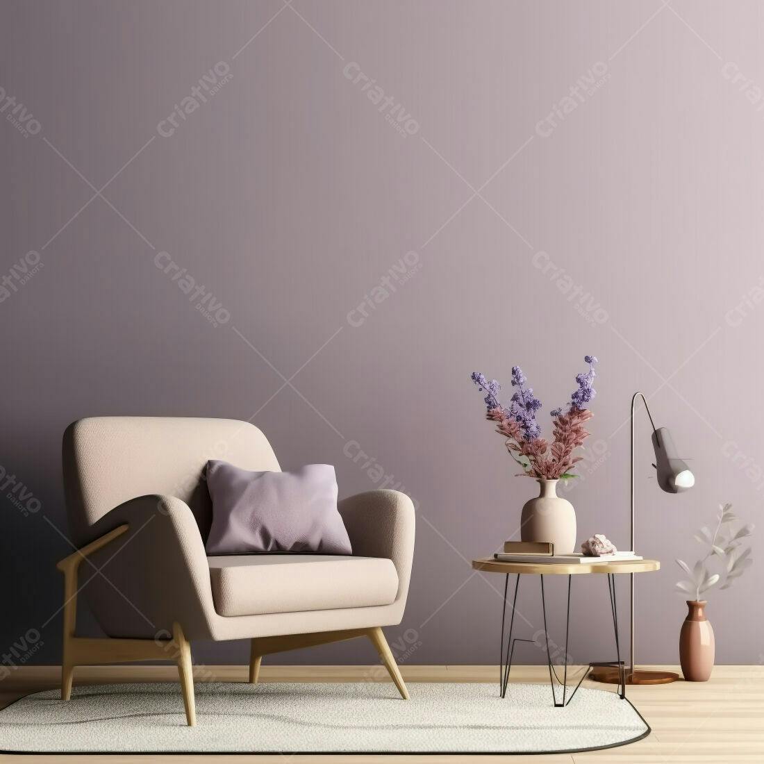 Poltrona bege em sala com decoração lavanda