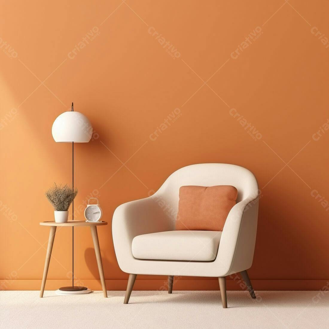 Poltrona branca em sala laranja com mesa lateral