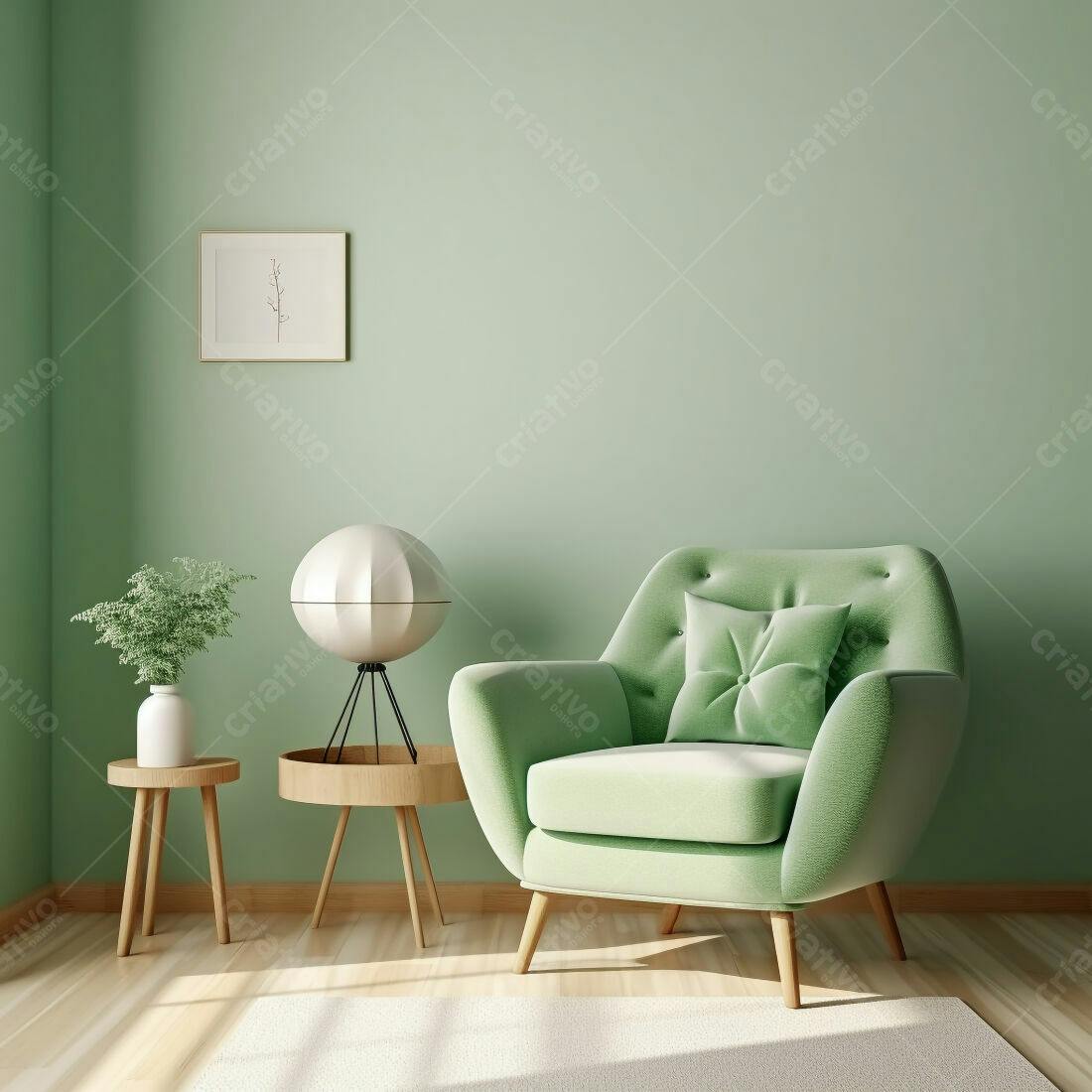 Poltrona verde em sala minimalista com mesa lateral