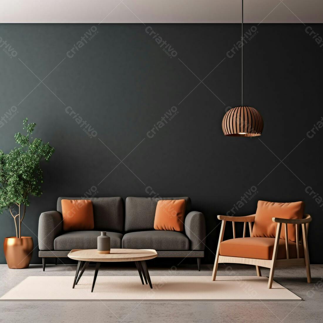 Sala de estar moderna com sofá cinza e poltrona laranja