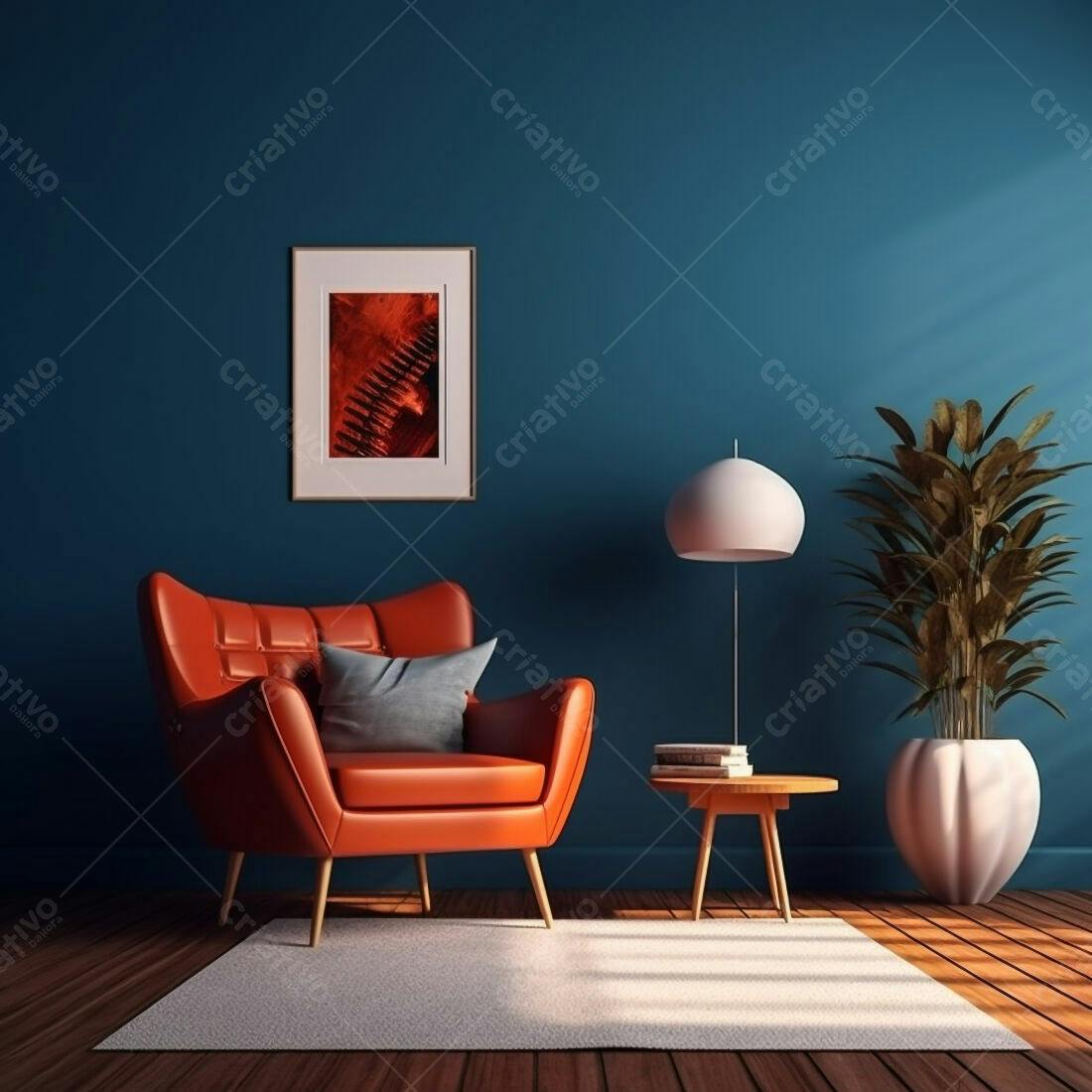 Poltrona laranja em sala azul escura