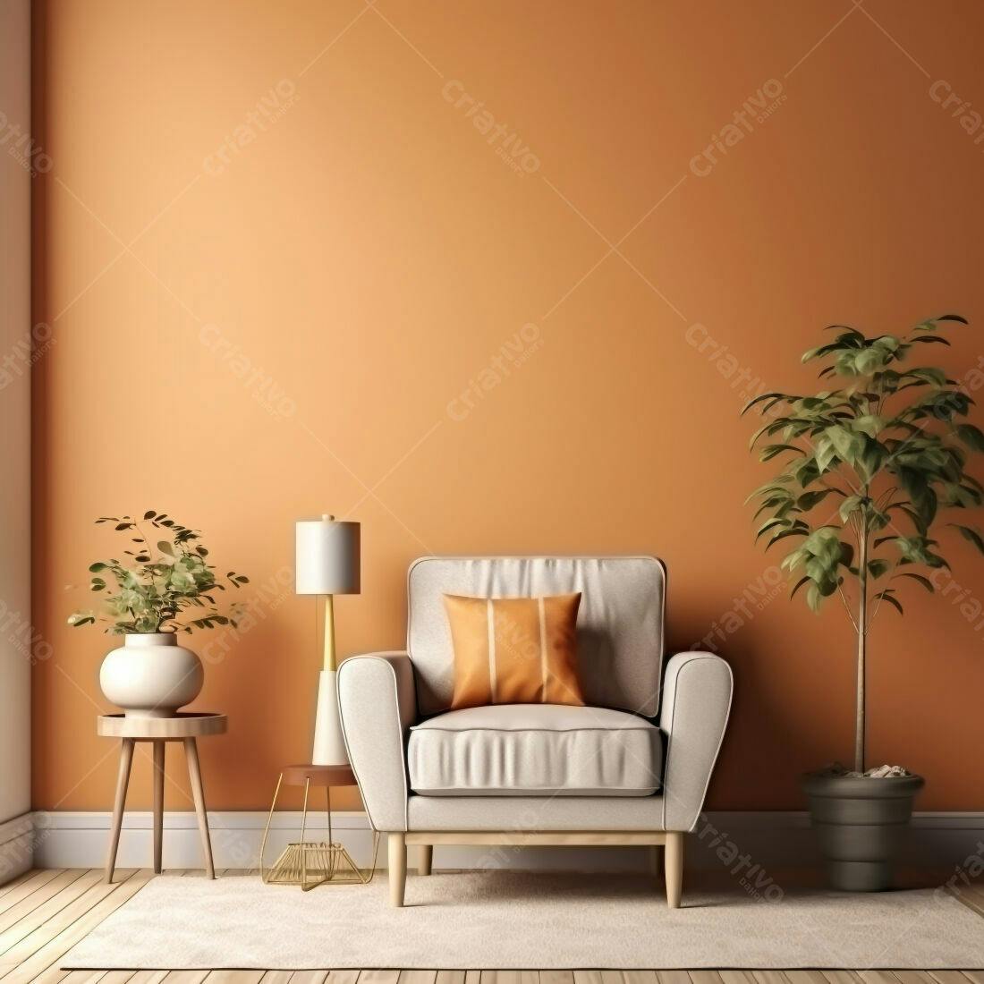 Poltrona bege em sala com decoração laranja