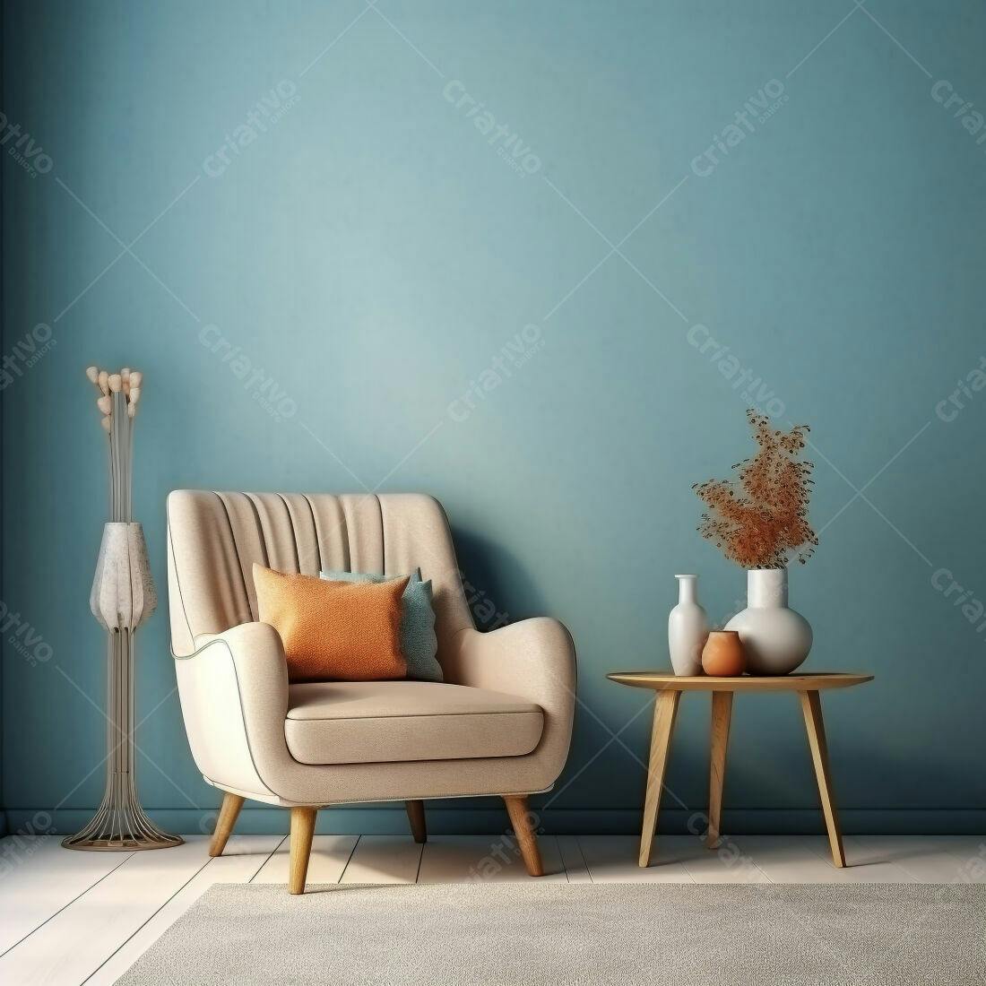 Poltrona bege em sala com decoração minimalista