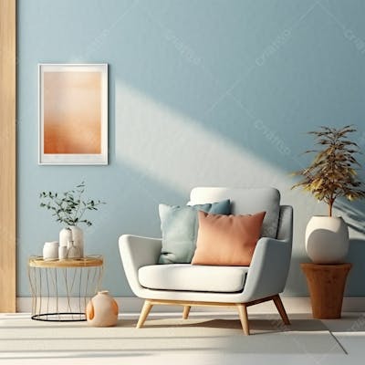 Interior moderno da sala de estar 3D com imagem de maquete de poltrona na parede
