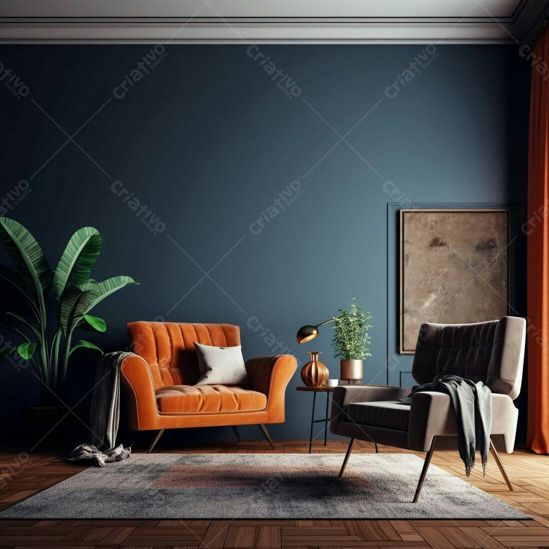 Sala de estar moderna com poltronas laranja e cinza