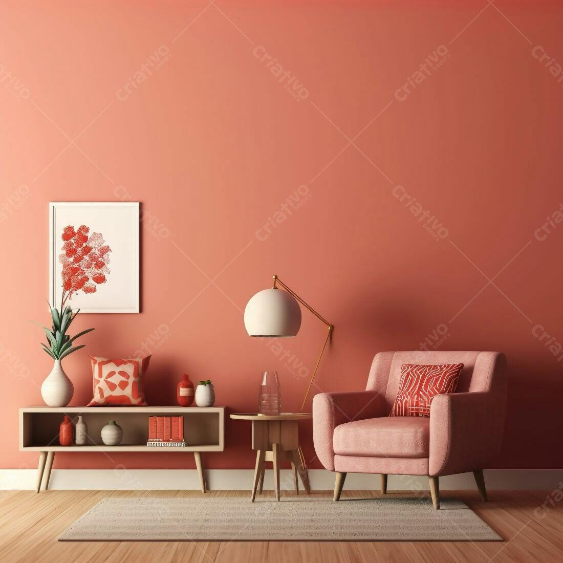 Sala de estar moderna em tons coral
