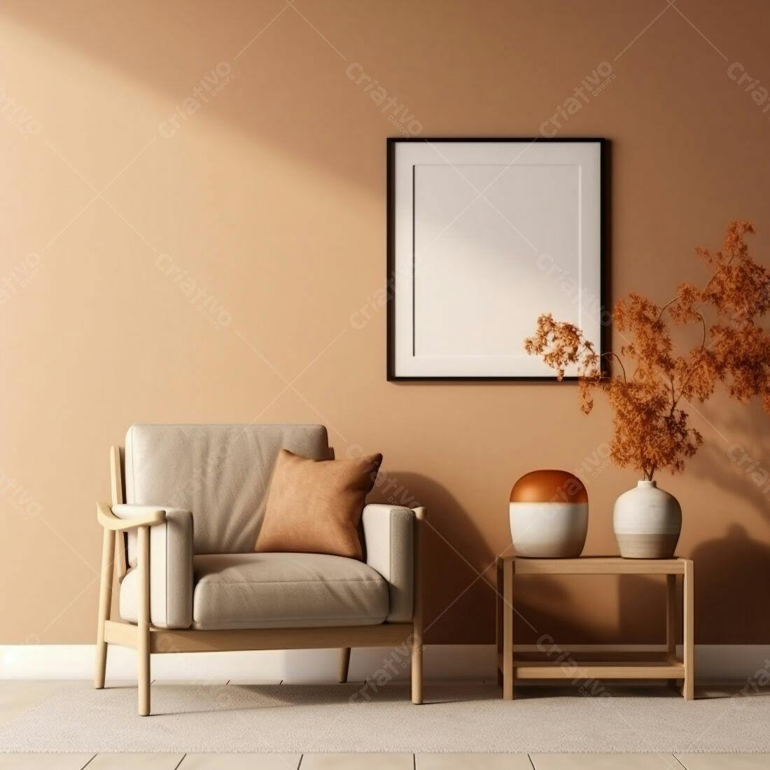 Poltrona bege em sala com decoração minimalista