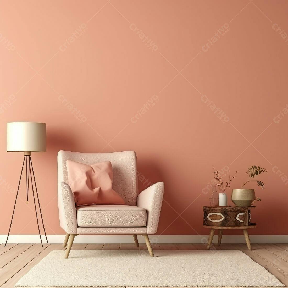 Poltrona rosa em sala com parede coral