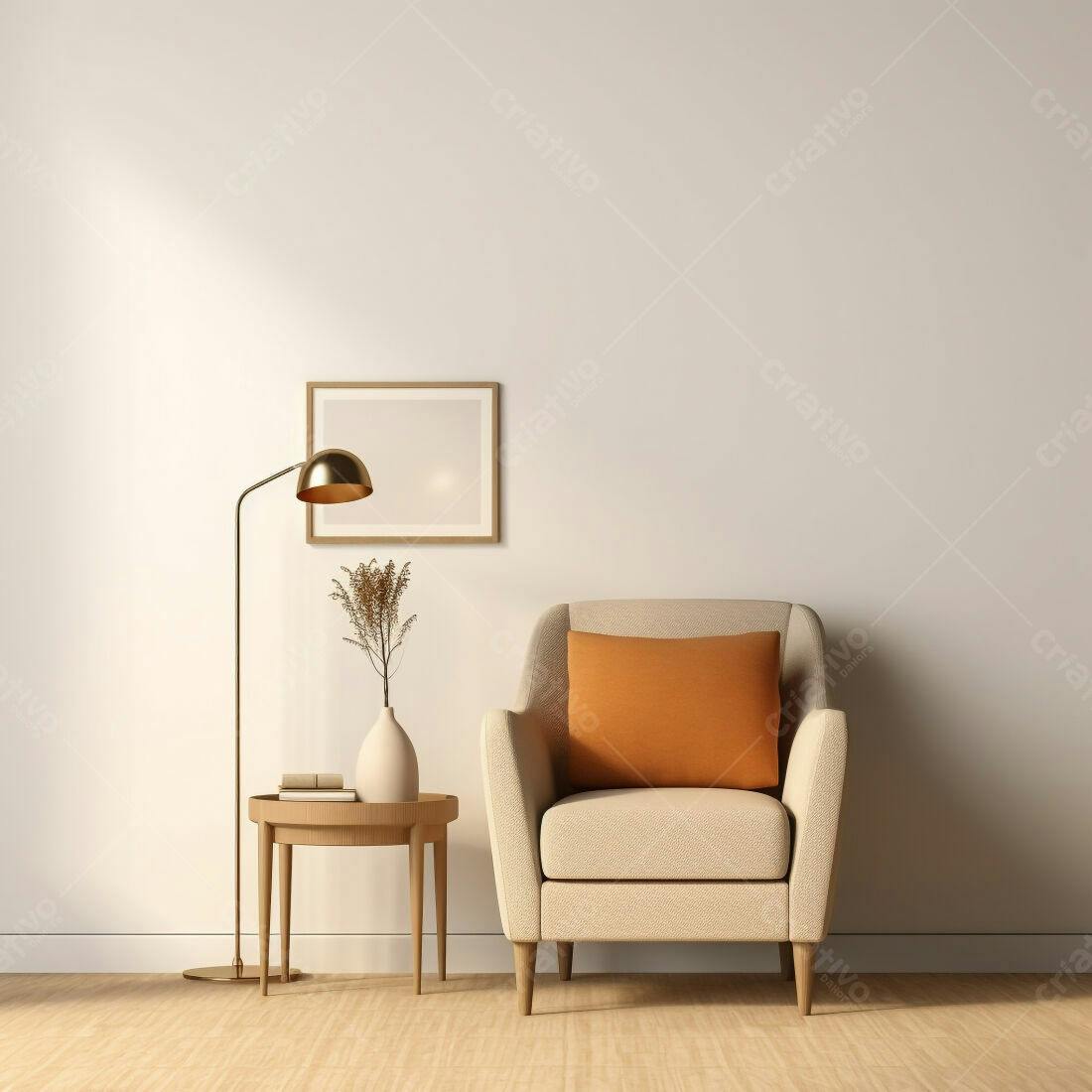 Poltrona bege com almofada laranja em sala minimalista