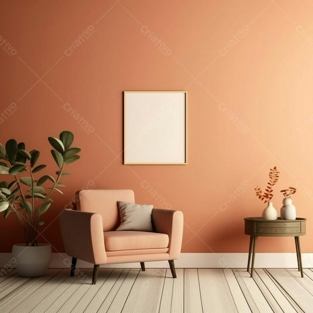 Poltrona rosa em sala com parede coral