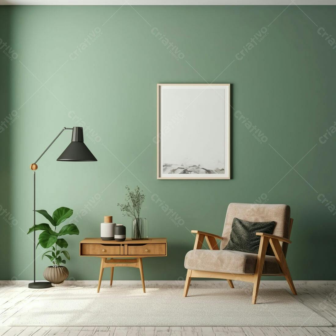 Sala de estar moderna com poltrona bege e parede verde
