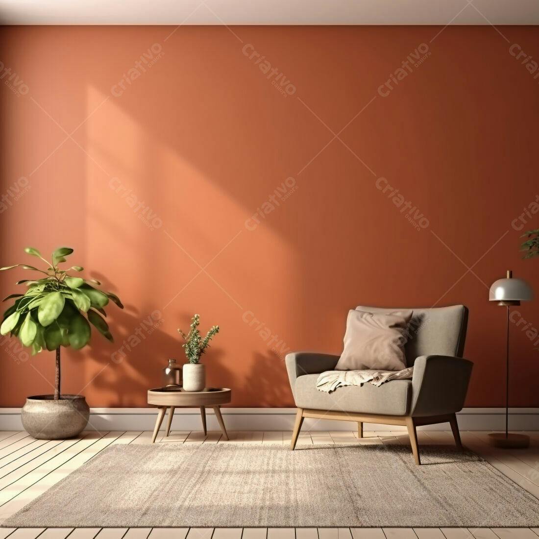 Poltrona cinza em sala com parede terracota