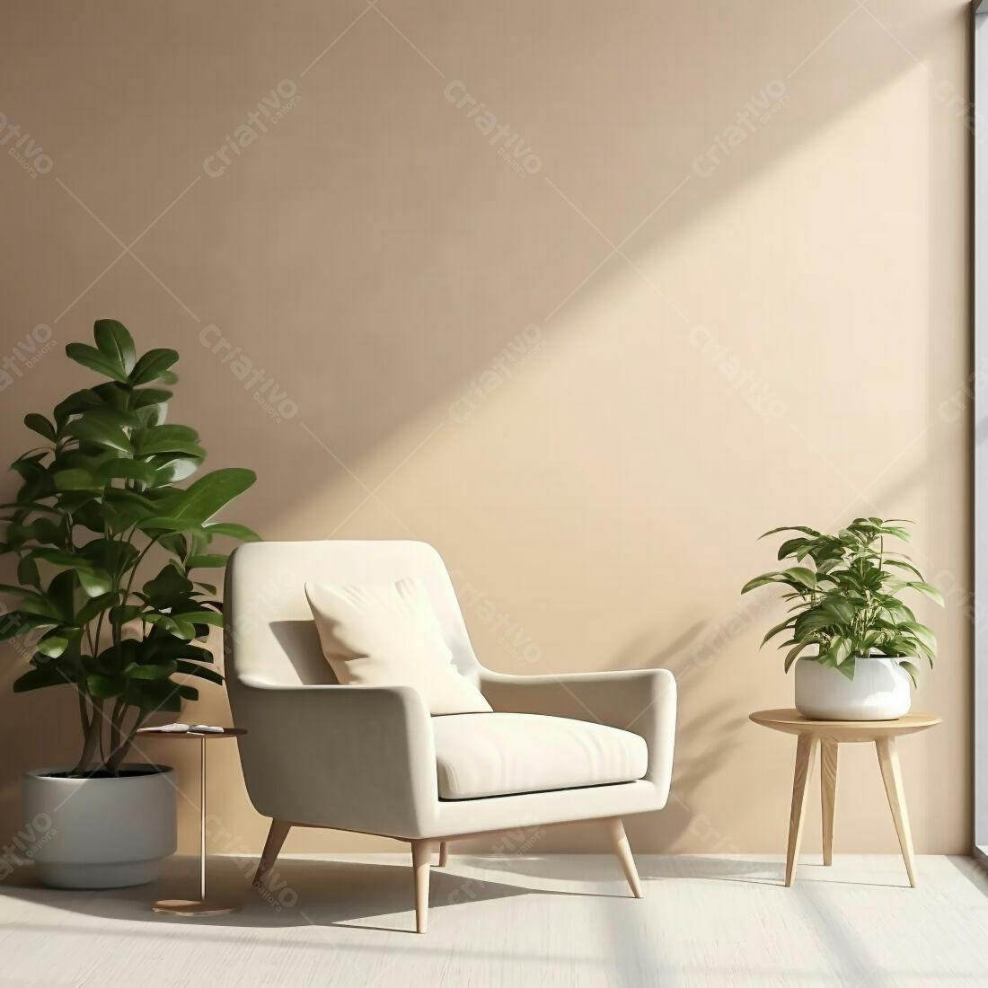 Poltrona bege em sala aconchegante com plantas