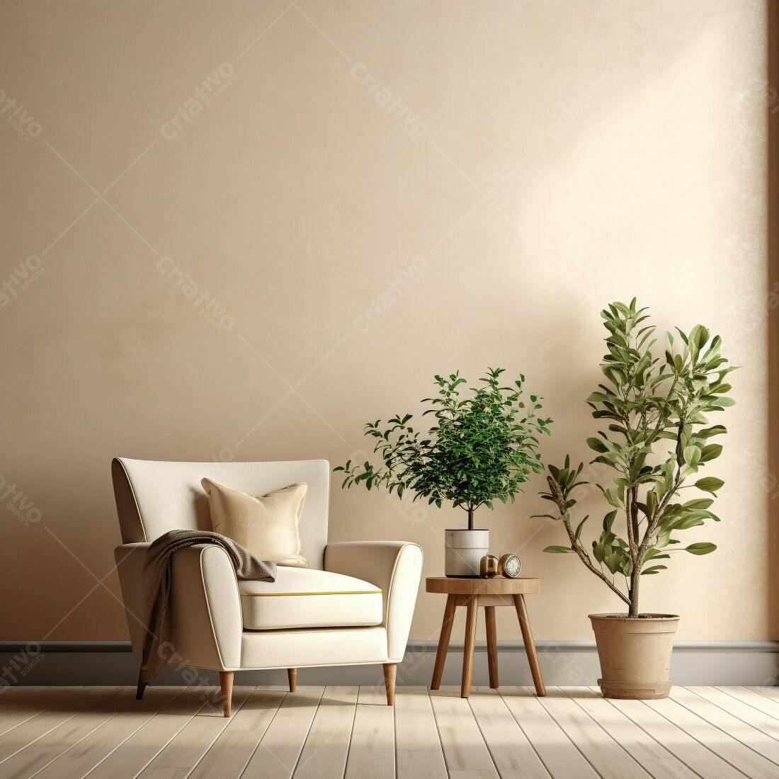 Poltrona bege em sala com plantas