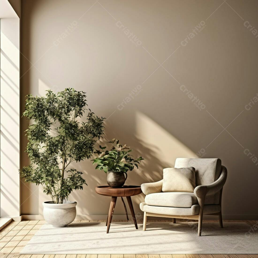 Poltrona bege em sala com plantas e mesa de madeira