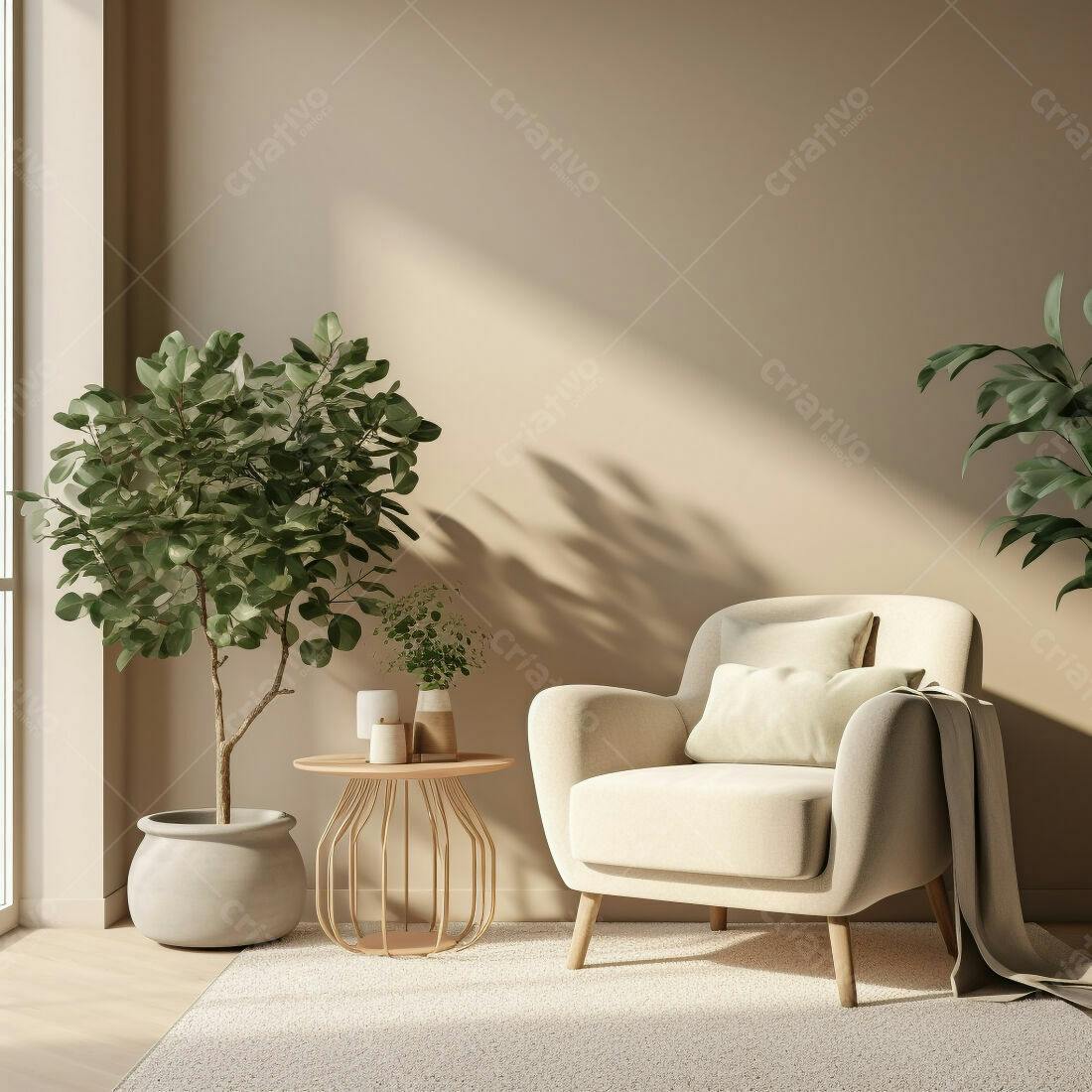 Poltrona bege em sala aconchegante com plantas