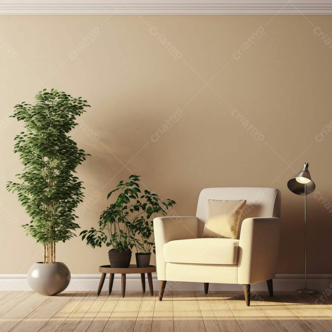 Poltrona bege em sala com plantas e iluminação natural