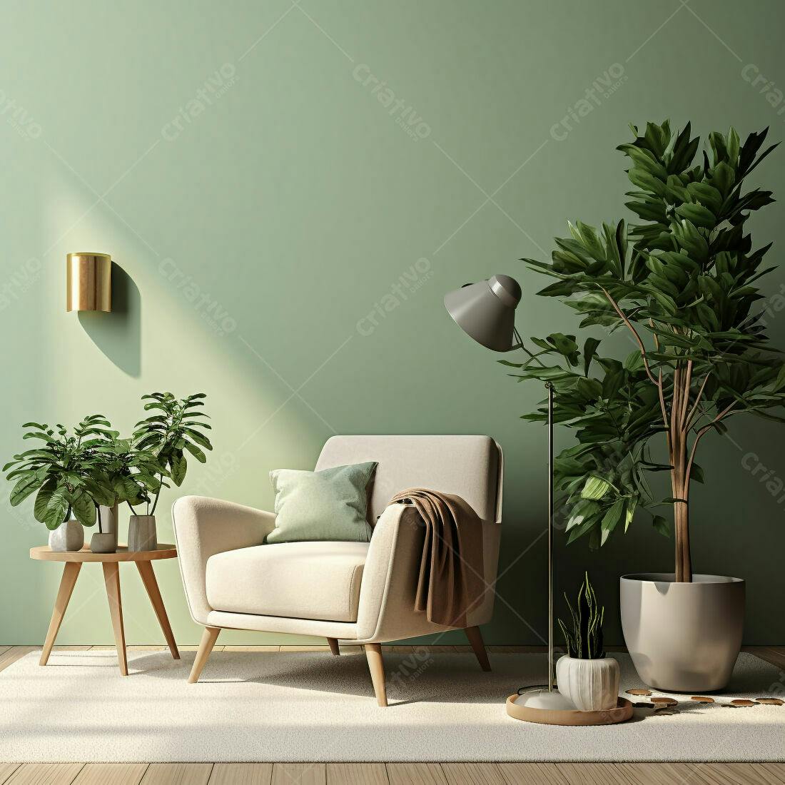 Poltrona bege em sala com plantas e parede verde