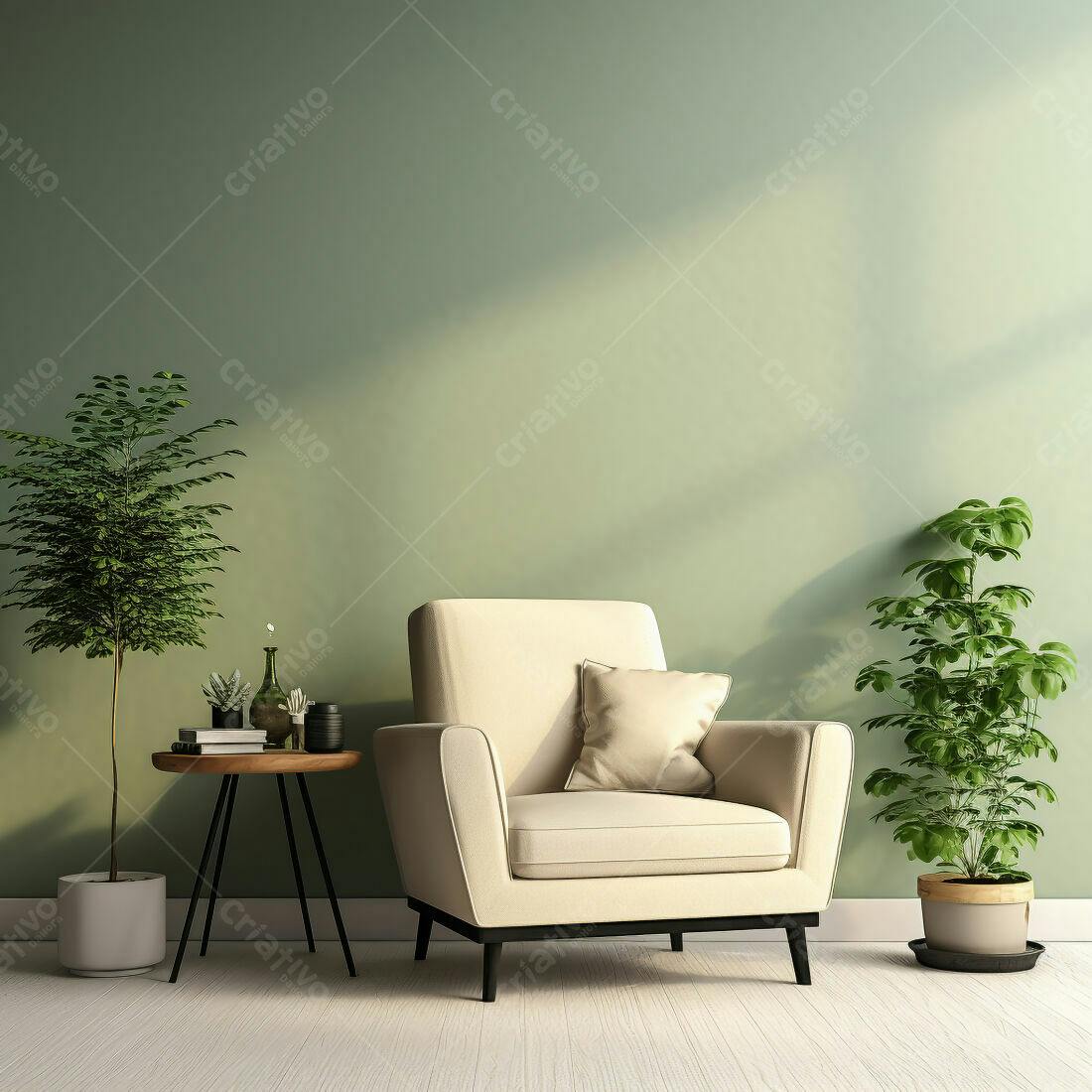 Poltrona bege em sala com plantas e parede verde