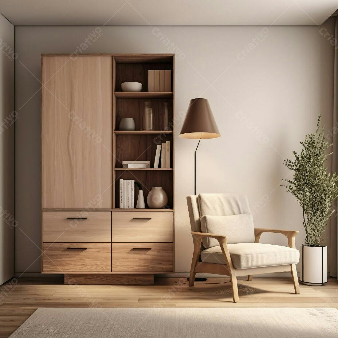 Sala de estar minimalista com poltrona e estante de madeira