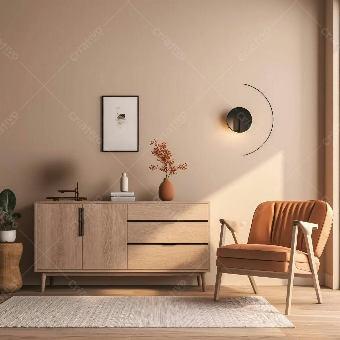 Sala de estar moderna com poltrona marrom e armário de madeira