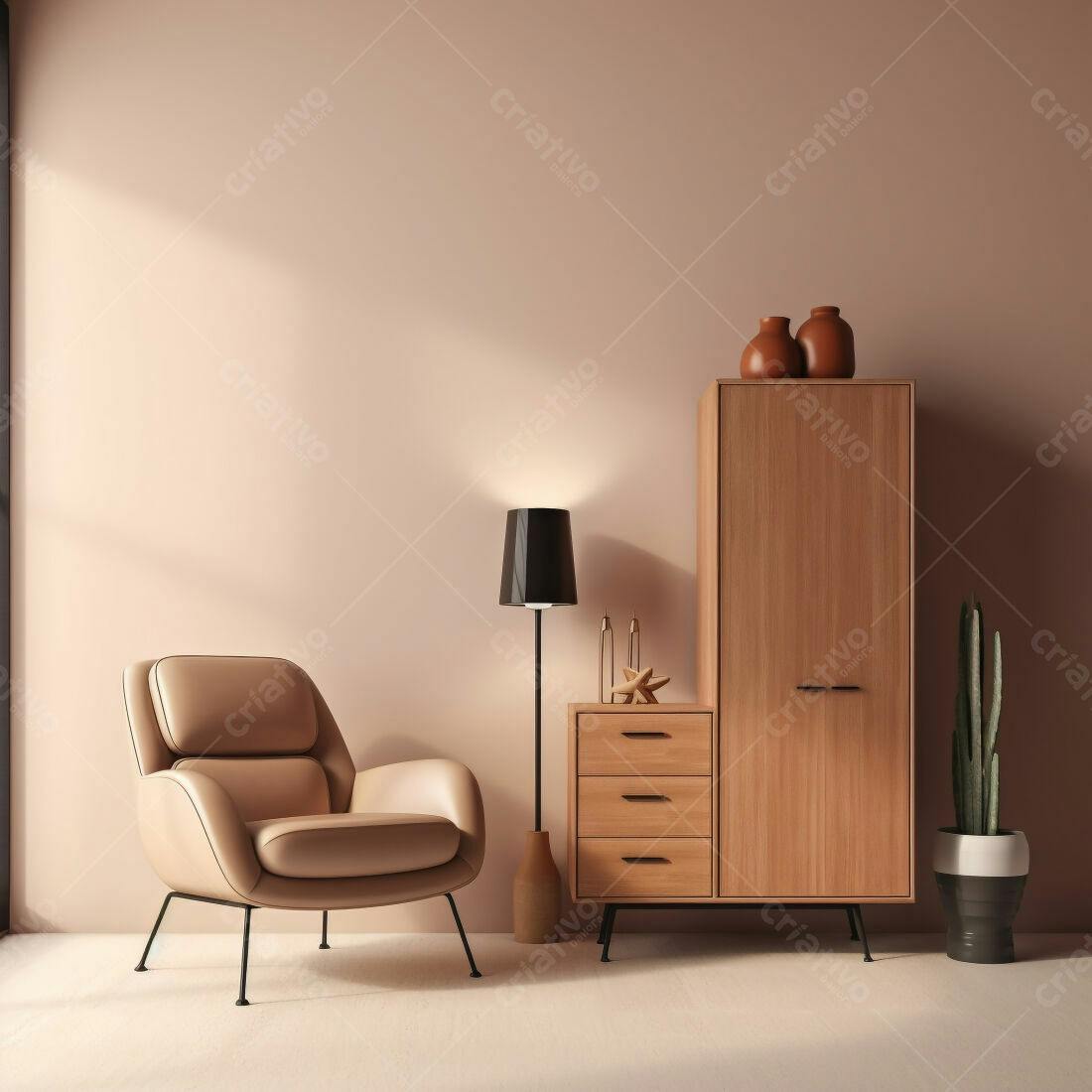Sala de estar moderna com poltrona bege e armário de madeira