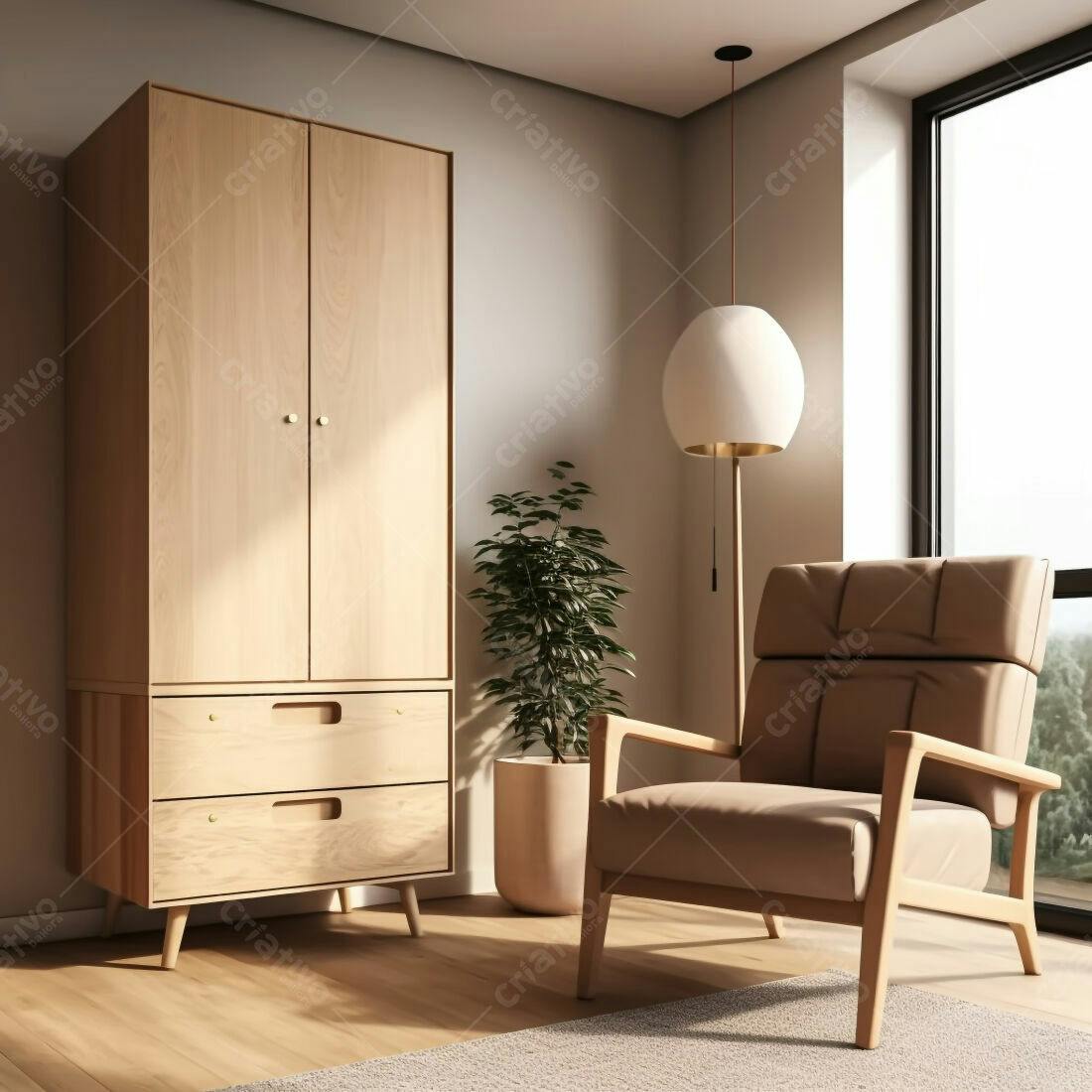 Sala de estar minimalista com armário e poltrona de madeira