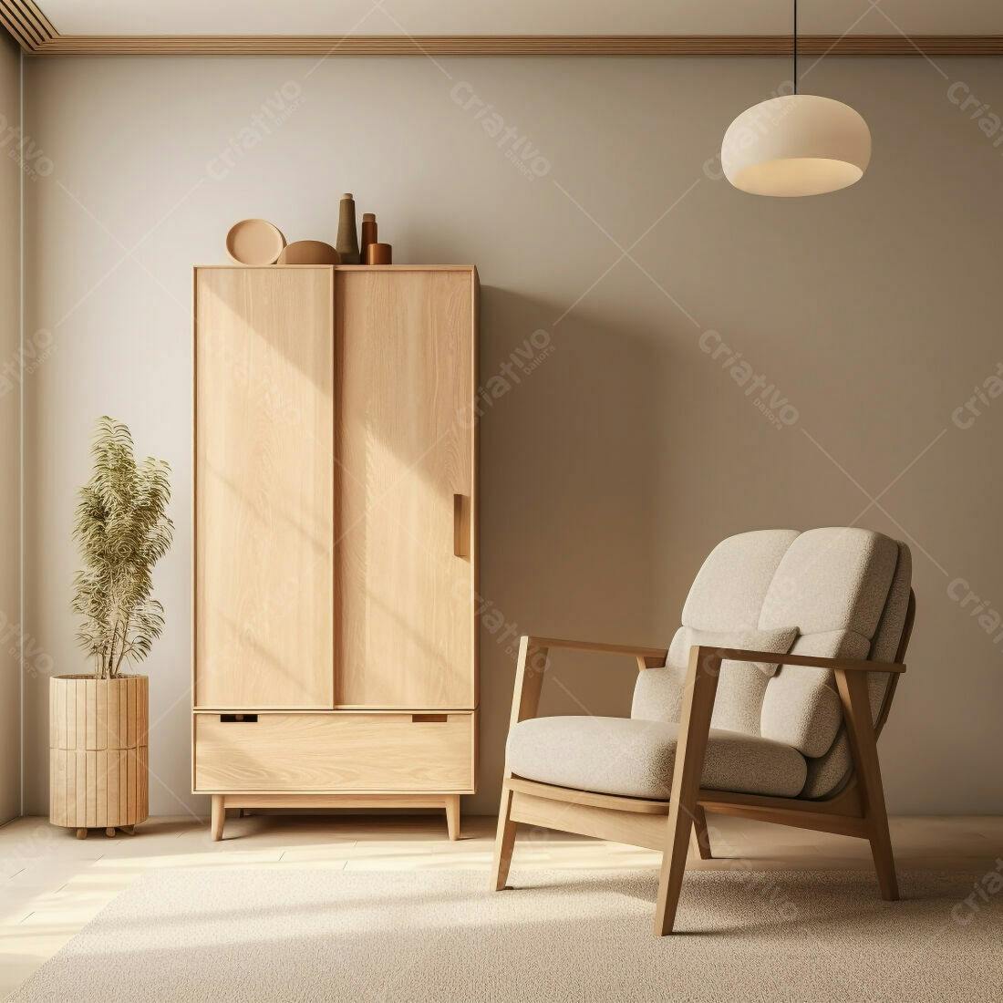 Sala de estar minimalista com armário e poltrona de madeira
