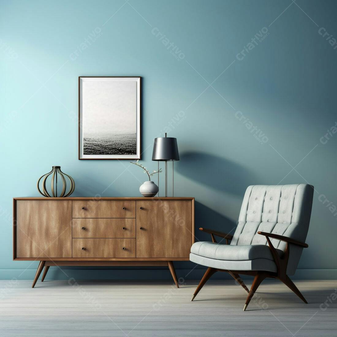 Sala de estar moderna com poltrona e cômoda